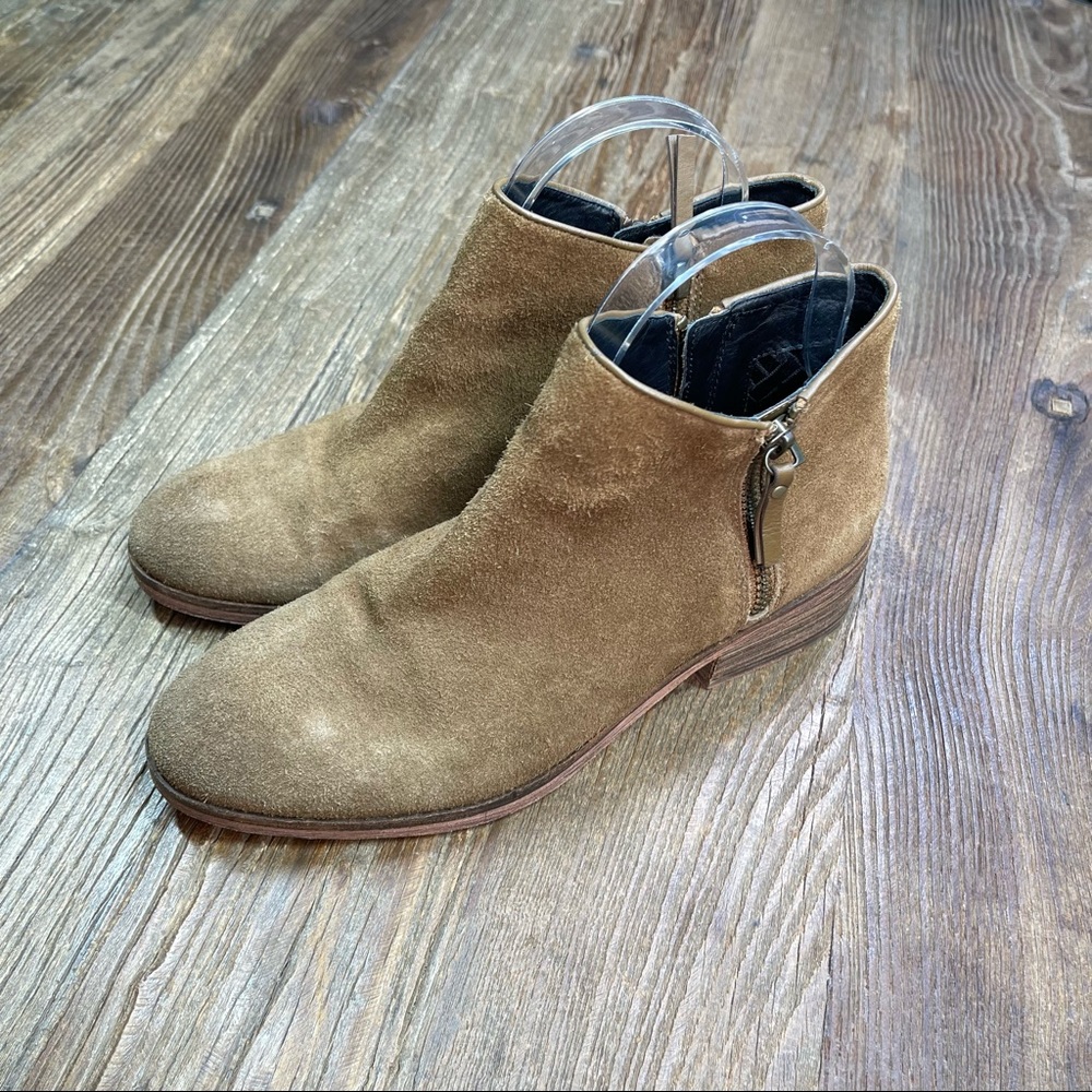 🌀 Cole Haan Grand.Os Hayes Flat Boots Ankle Tan Suede Double Zip Womens Si…